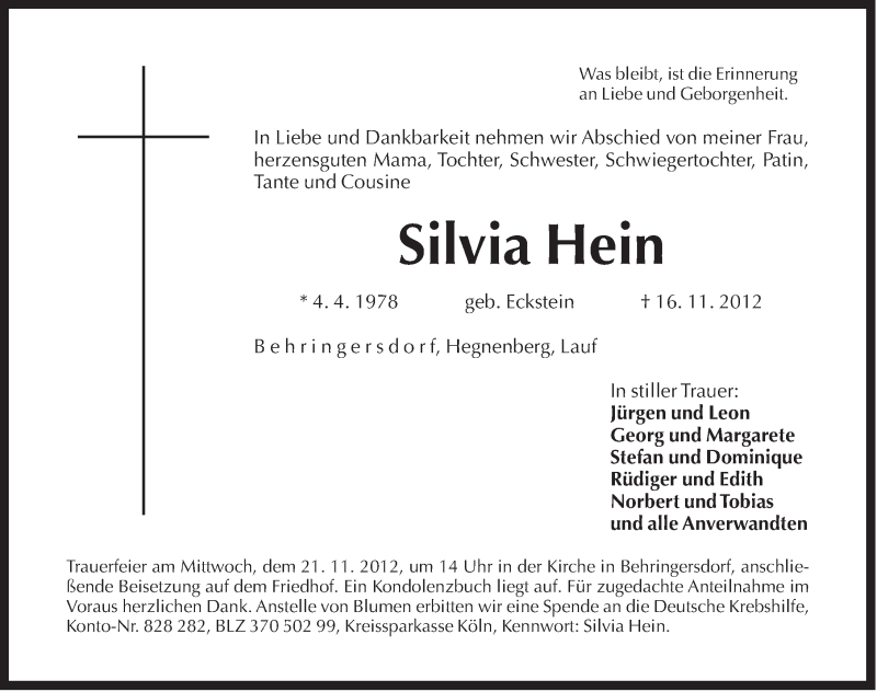  Traueranzeige für Silvia Hein vom 20.11.2012 aus Pegnitz-Zeitung